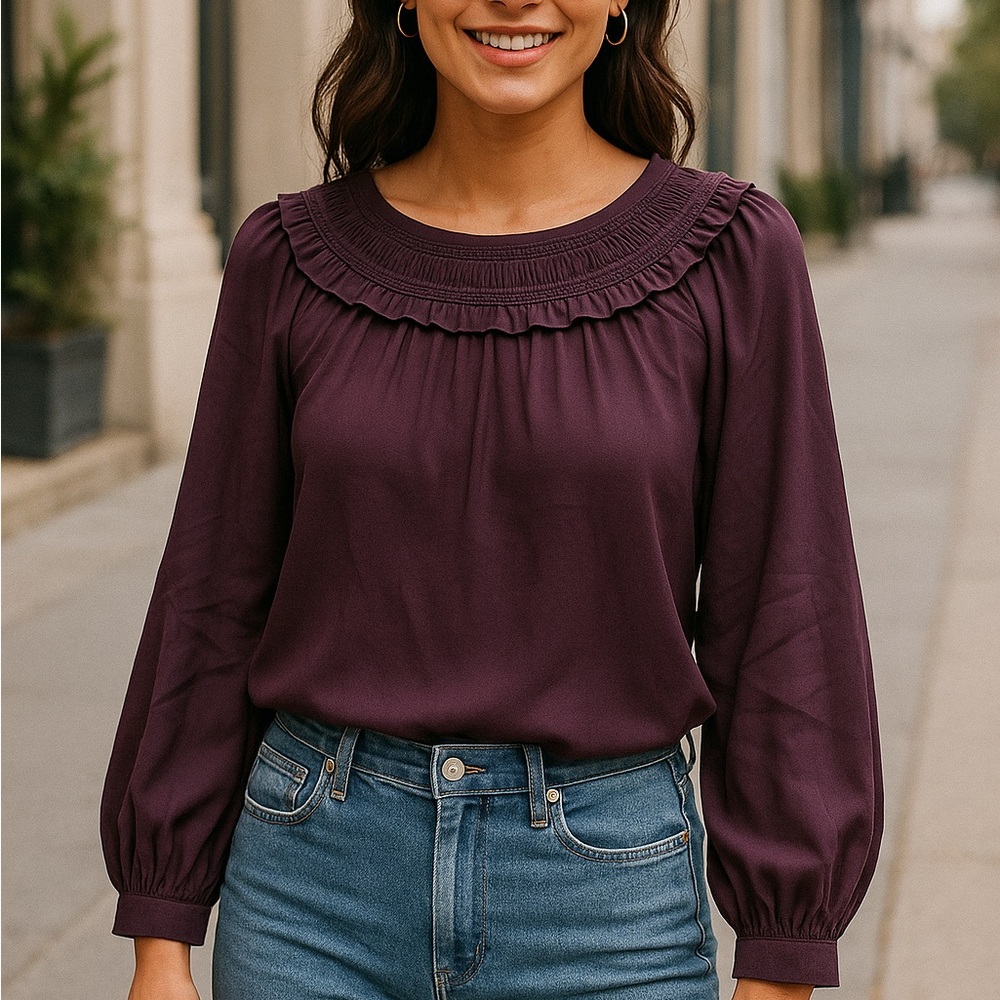 LOFT Plum Purple Women’s Small Smocked Ruffle Neck Long Sleeve Blouse